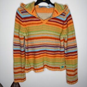 Vintage Mudd Striped Hooded Sweater Womens XL Orange Blue Knit Y2K Pullover Boho